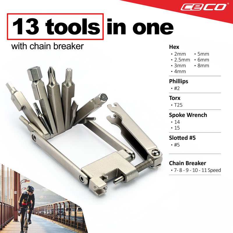 CECO-USA 13 Function Bike Tool with Chain Breaker â€“ Bicycle Multi Tool â€“ Ultra Slim, Compact Pocket Sized, Lightweight â€“ High Strength CR-V 6150 Tool Steel â€“ Easy To Carry - Image 3